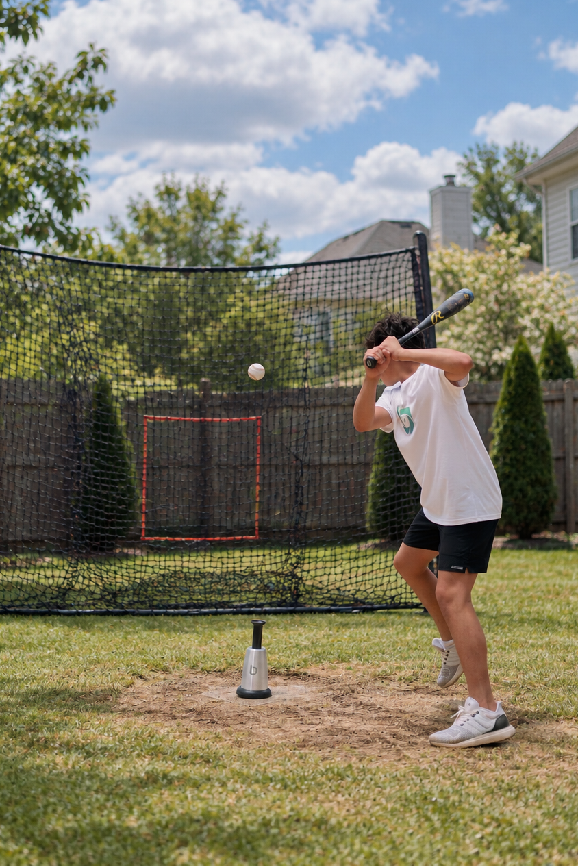 A young hitter loads as the baseball pops